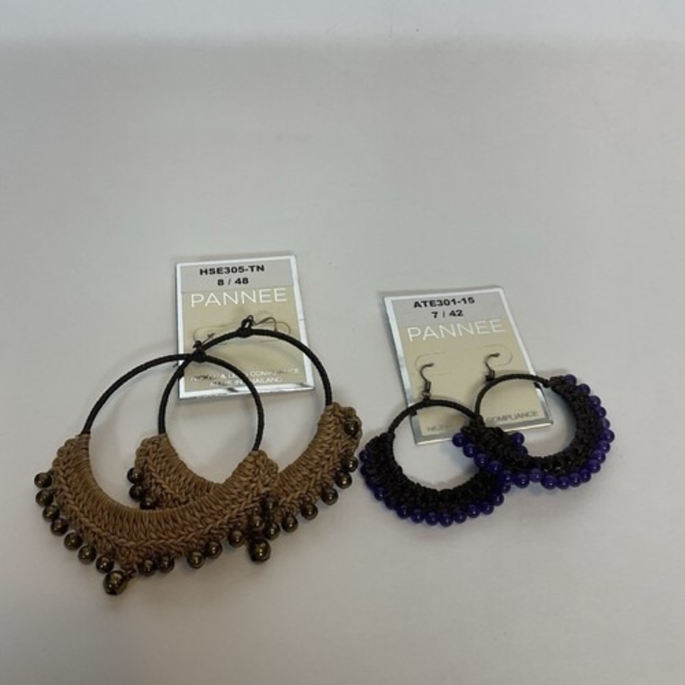 NWT Pannee Lot of 2 Brown Beaded Black/Purple Drop Boho Woven Hoop Earrings Ring